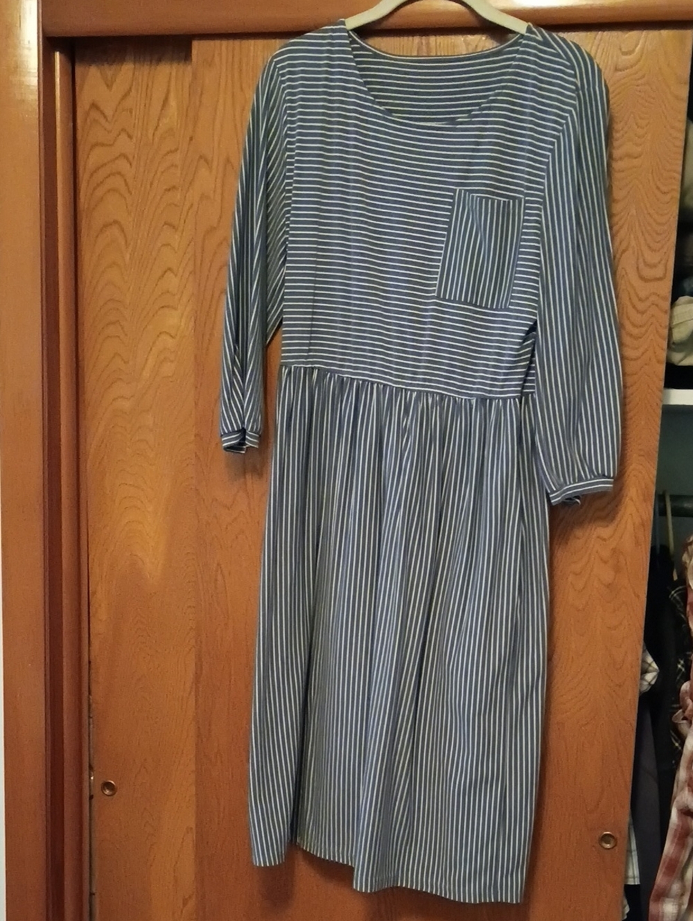 Amazon Essentials Blue and White Striped Long Sleeve Midi Dress